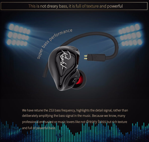 KZ ZS3 Ergonomic Detachable Cable  In Ear Audio Monitors With Microphone